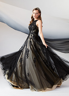 Azazie Melrose Wedding Dresses Black Champagne A-Line Sweetheart Lace Tulle Dress image4