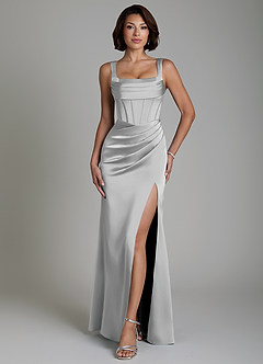 Azazie Amora Vestidos de damas de honor Vestido Plata de Satén Elástico de Corte Sirena con Corsé image1