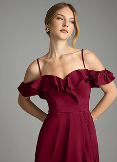Azazie Lyra Bridesmaid Dresses Burgundy A-Line Off the Shoulder Stretch Satin Convertible Dress image11