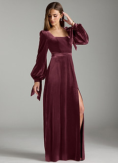 Azazie Leonia Bridesmaid Dresses Raspberry A-Line Long Sleeve Velvet Dress image4