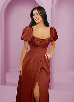 Barbie ♥ Azazie Bridesmaid Dresses Terracotta A-Line Ruched Stretch Satin Dress image5