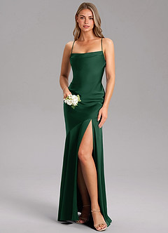 Azazie Grata Bridesmaid Dresses Dark Green Sheath Side Slit Stretch Satin Dress image1