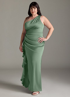 Azazie Latrice Bridesmaid Dresses Matcha Sheath One Shoulder Cascading Ruffles Stretch Satin Dress image8