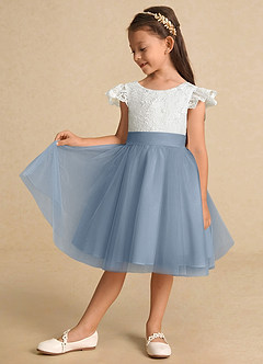 Azazie Vetty Flower Girl Dresses Ivory Dusty Blue A-Line Lace Tulle Dress image4