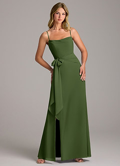 Azazie Tahlia Robes de demoiselle d'honneur Robe Trapèze en Mousseline de soie avec ceinture Olive image1