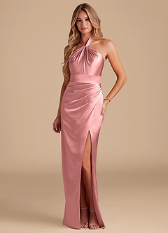 Azazie Zaya Bridesmaid Dresses Rosette Sheath Pleated Metallic Satin Dress image1