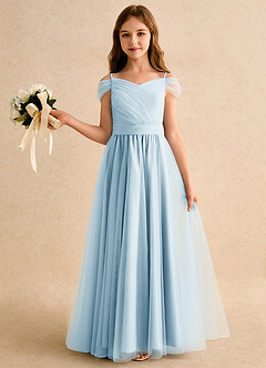 Azazie Yuna Girls Formal Abiti da Ragazza di Fiori Abito A-Line in Tulle a Spalla Scoperta Azzurro image3