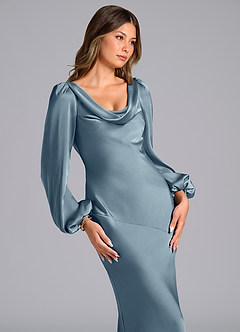 Azazie Rylina Bridesmaid Dresses Dusty Blue Mermaid Long Sleeve Stretch Satin Dress image6