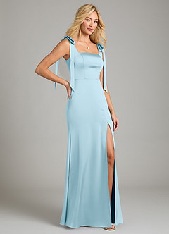 Azazie Frostine Bridesmaid Dresses Sky Blue A-Line Bow Stretch Satin Dress image5