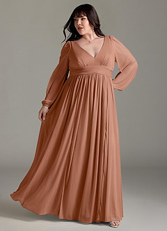 Azazie Norah Bridesmaid Dresses Bronzer A-Line V-Neck Long Sleeve Chiffon Dress image8