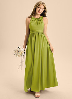 Azazie Jaylah Junior Lemongrass A-Line Pleated Stretch Satin Dress image3