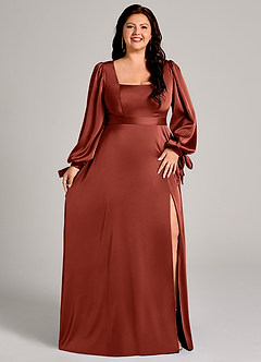 Azazie Leonia Robes de demoiselle d'honneur Robe Trapèze en Satin extensible Manche longue Terracotta image11