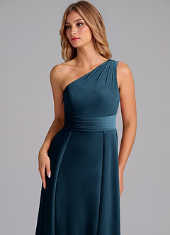 Azazie Dallas Bridesmaid Dresses Blue Topaz A-Line One Shoulder Velvet Dress image6