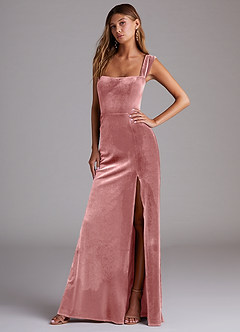 Azazie Junia Robes de demoiselle d'honneur Robe Fourreau Convertible en velours Épaule décolletée Rose Poussiéreuse image4