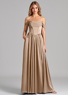 Azazie Raisa Bridesmaid Dresses Taupe A-Line Off the Shoulder Stretch Satin Dress image1
