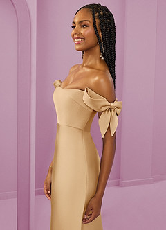 Barbie ♥ Azazie Bridesmaid Dresses Gold Sheath Off the Shoulder Stretch Satin Convertible Dress image6