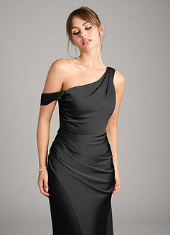 Azazie Madelyn Bridesmaid Dresses Black Mermaid One Shoulder Stretch Satin Convertible Dress image4