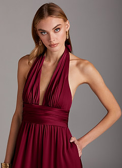 Azazie Oli Bridesmaid Dresses Burgundy Pleated Stretch Satin Jumpsuit image6