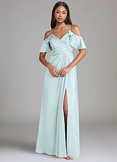 Azazie Dakota Bridesmaid Dresses Sea Glass A-Line Off the Shoulder Stretch Satin Dress image3