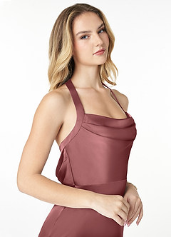 Azazie Myla Final Sale Amethyst Sheath Cowl Keyhole Stretch Satin Dress image4