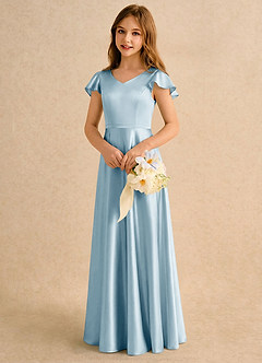 Azazie Nari Girls Formal Final Sale Sky Blue A-Line with Sleeves Stretch Satin Dress image4