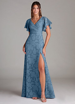 Azazie Ambrosia Bridesmaid Dresses Steel Blue A-Line Pleated Floral Burnout Dress image1
