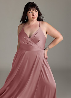 Azazie Davis Vestidos de damas de honor Vestido de Rosa Polvorienta de Satén Elástico de Corte en A con Plisado image11