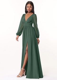 Azazie Norah Bridesmaid Dresses Sea Moss A-Line V-Neck Long Sleeve Chiffon Dress image4