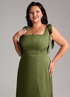 Azazie Frostine Vestidos de damas de honor Vestido de Oliva de Satén Elástico de Corte en A con Lazo image10