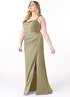 Azazie Marzia Bridesmaid Dresses Moss Green Sheath Cowl Pleated Stretch Satin Dress image15