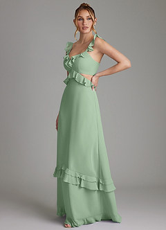 Azazie Malaya Vestidos de damas de honor Vestido de Matcha de Gasa de Corte en A con Corsé image5