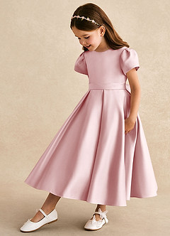 Azazie Princess Abiti da Ragazza di Fiori Abito A-Line in Raso Opaco Plissettato Rosa Cipria image1