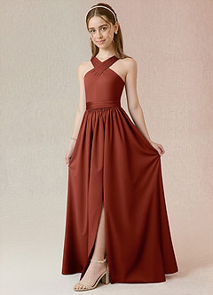 Azazie Jiya Junior Terracotta A-Line Pleated Stretch Satin Dress image1