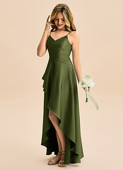 Azazie Eirlys Junior A-Linie Plissee Stretch-Satin Kleid Olivgrün image3