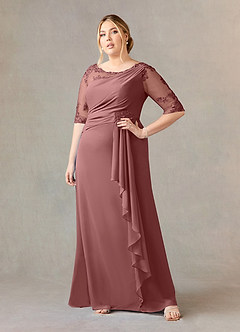 Azazie Dionysus vestidos de madre de la novia Vestido de Rosa Del Desierto de Gasa de Corte En A con Encaje cuello barco image6
