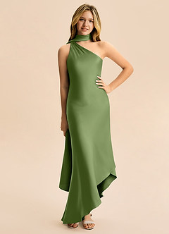 Azazie Briony Junior Juniper Sheath Pleated Stretch Satin Dress image3