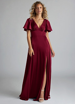 Azazie Kimber Bridesmaid Dresses Burgundy A-Line Ruched Stretch Satin Dress image3