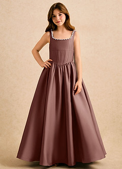 Azazie Enid Girls Formal Flower Girl Dresses Espresso A-Line Beaded Stretch Satin Dress image4