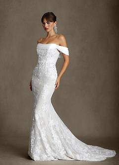 Azazie Harrah At-home Try On Dresses Diamond White Mermaid Off the Shoulder Lace Dress image7