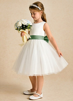 Azazie Sosie Robe Demoiselle D'honneur Fillette Robe Trapèze en Tulle Plissée Ivoire Matcha image3