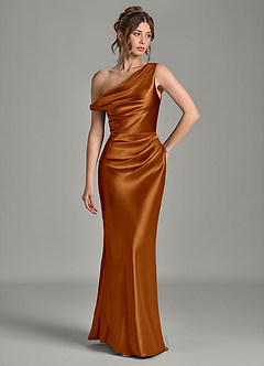 Azazie Emerson Bridesmaid Dresses Copper Mermaid Off the Shoulder Metallic Satin Dress image4