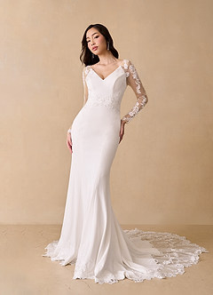 Azazie Mistie Wedding Dresses Diamond White Sand Mermaid V-Neck Sequins Stretch Crepe Dress image1