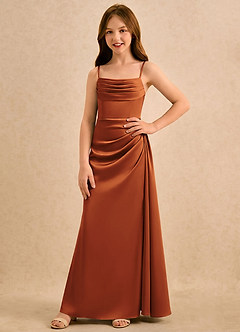 Azazie Shyla Girls Formal Flower Girl Dresses Cinnamon Sheath Pleated Stretch Satin Dress image4