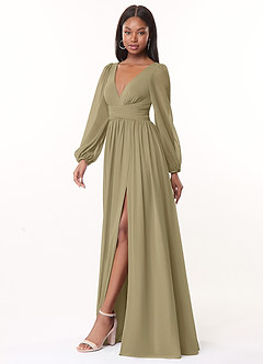 Azazie Norah Abiti da Damigella Abito A-Line in Chiffon con Maniche lunghe e Scollo a V Verde Muschio image4