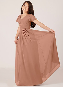 Azazie Peony Junior Robe Trapèze en Mousseline de soie Plissée Bronze image4