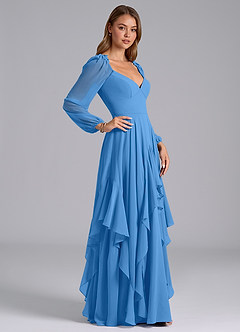 Azazie Karan Bridesmaid Dresses Blue Jay A-Line Long Sleeve Chiffon Dress image5