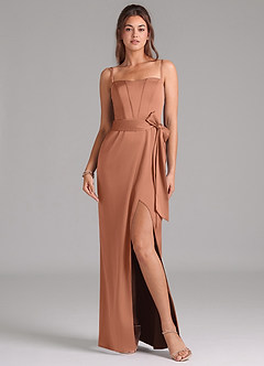 Azazie Jamie Robes de demoiselle d'honneur Robe Trapèze Convertible en Satin extensible Sans bretelle Bronze image8