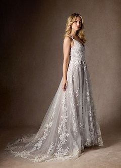 Azazie Delaina Vestidos de novia Vestido de Blanco Diamante Moca de Tul de Corte en A con Lentejuelas cuello pico image7