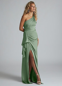 Azazie Maive Bridesmaid Dresses Matcha Sheath Ruched Stretch Satin Dress image2