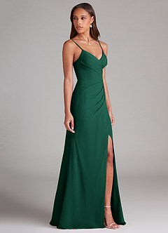 Azazie Maci Bridesmaid Dresses Emerald Sheath Pleated Chiffon Dress image4